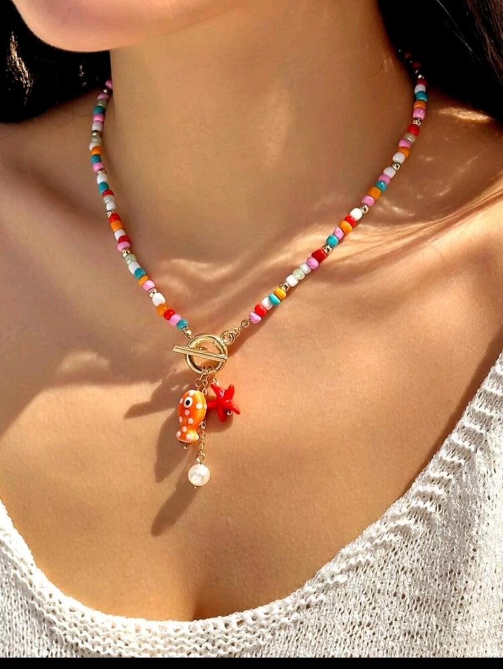 BRAND NEW ** Colorful Beaded Pendant Necklace with Orange Fish & Star Charm